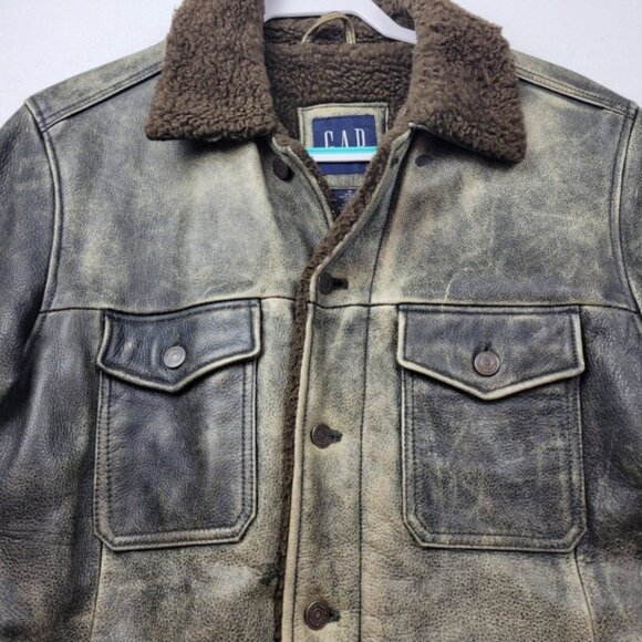 VTG GAP Sherpa Lined Leather Jacket Men Small Trucker Western Barn Coat Y2K - Picture 10 of 16